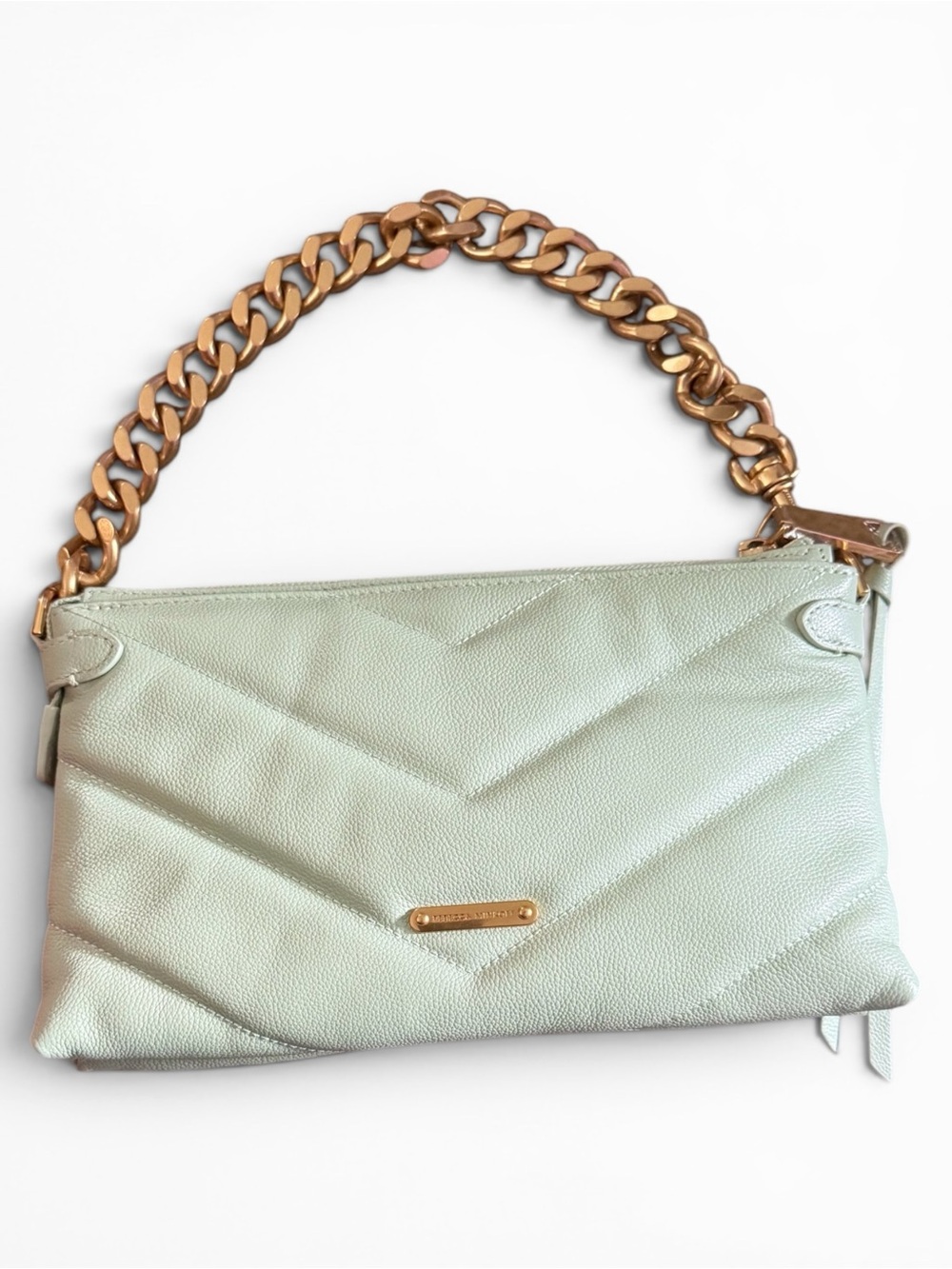 Rebecca Minkoff Edie Leather Shoulder crossbody Clutch with Gold Chain - Mint